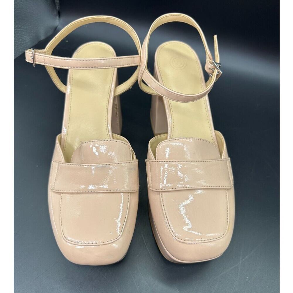 Urban Outfitters Nude Patent Platform Loafer Heels Square Toe Ankle Strap Size 9
